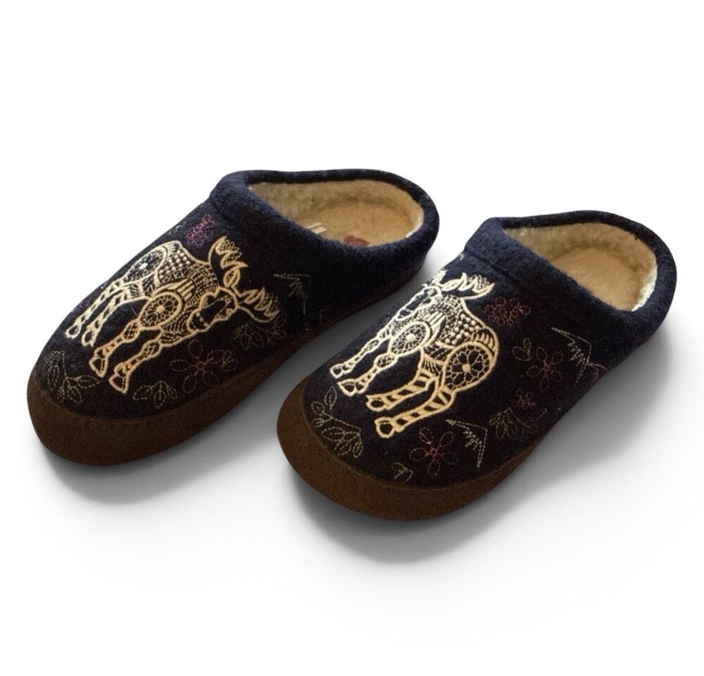 Acorn Forest Clog Slippers Navy Moose Wool Cloud Cushion Womens 6.5-7.5